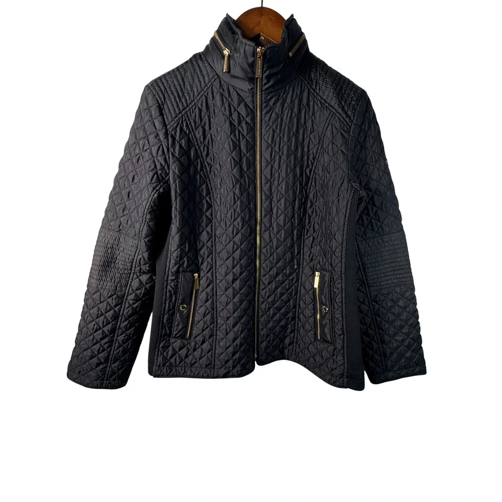 Michael Michael Kors Women's Black Quilted Zip Gold Snap Barn Fall Jacket Large